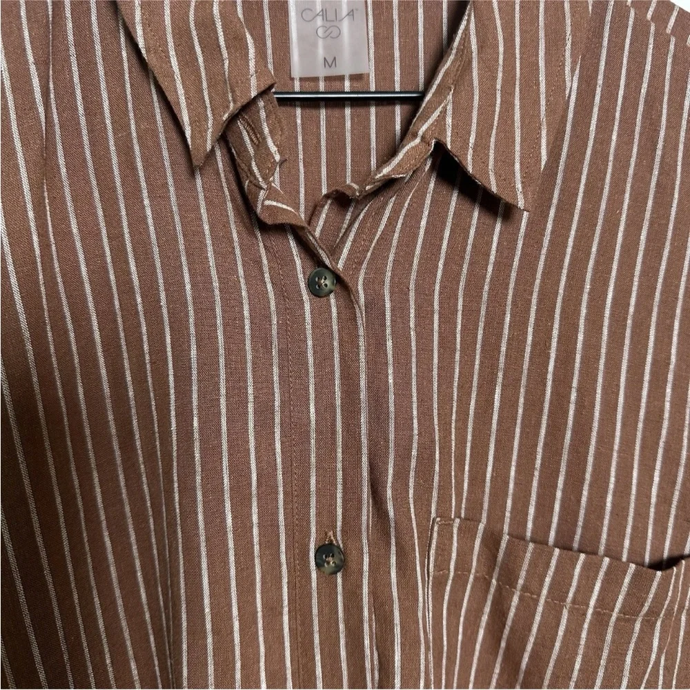 CALIA Womens Medium Brown Button Down Shirt Long Sleeve Linen Rayon Tunic Beach - Picture 12 of 14